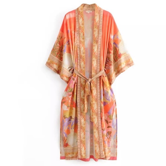 Mermaid Dreams Boho Kimono Duster Coverup In Coral Orange All Over Print - Picture 6 of 8
